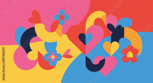 A vibrant abstract illustration featuring colorful flowers and hearts on a bright background