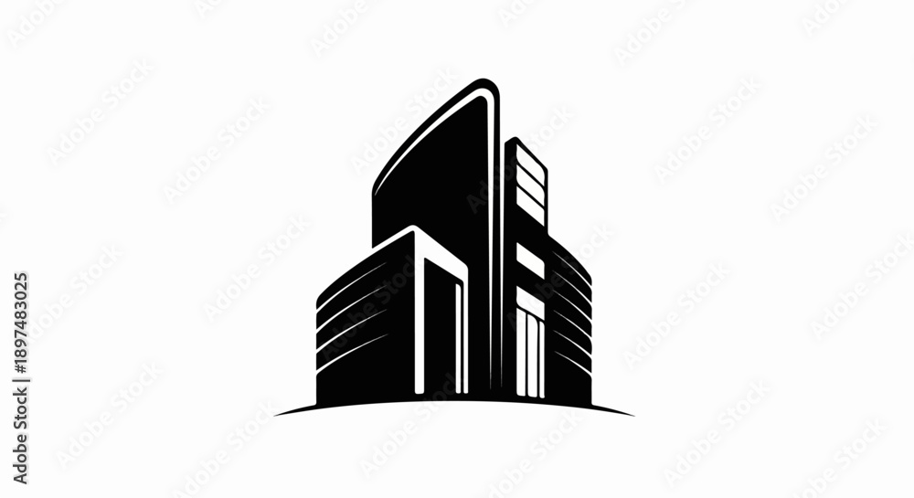 Naklejka premium Sleek, modern skyscrapers with sharp geometric lines and curved facades, rendered in stark black and white