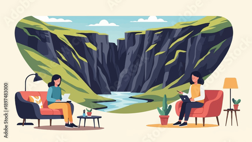 Two women work on laptops, relaxed in armchairs, with a stunning canyon landscape behind them