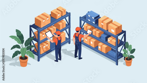 Warehouse workers with tablets organize inventory boxes on shelves