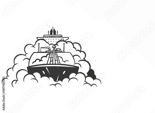 Stylized illustration of a large tanker ship emerging from billows of smoke or clouds