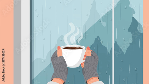Warm drink enjoyed from hands in gloves on a rainy day