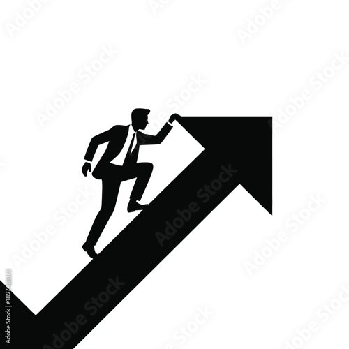 A man in a suit is climbing an upward arrow, symbolizing career growth. isolated on white background, Vector, illustration