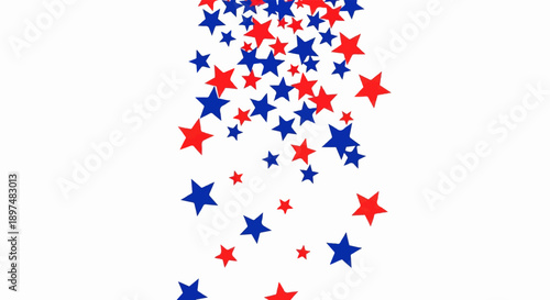 A cascade of red and blue stars against a stark white background, creating a festive and dynamic visual