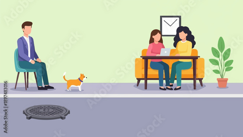 Two women work on laptops while a man and dog observe them from a distance
