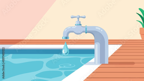 Water dripping from a faucet into a blue pool with a wooden deck