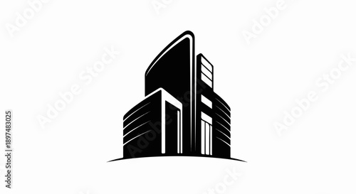 Sleek, modern skyscrapers with sharp geometric lines and curved facades, rendered in stark black and white