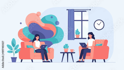 Two women work on laptops while relaxing in armchairs at home