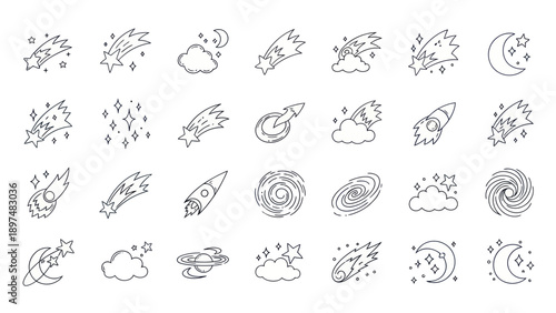 Cosmic Doodle Icons: Stars, Rockets, Galaxies, Planets, and Space Elements