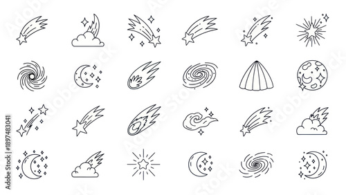 Cosmic doodle icons: meteors, moon, stars, galaxy, comet, nebula, astronomy, space, night sky