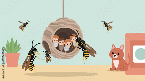 Wasp nest with children and a cat, a plant and a bin nearby