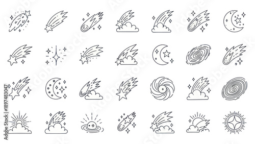 Cosmic Elements Icon Set: Meteors, Stars, Moon, Galaxy and Sun Line Art
