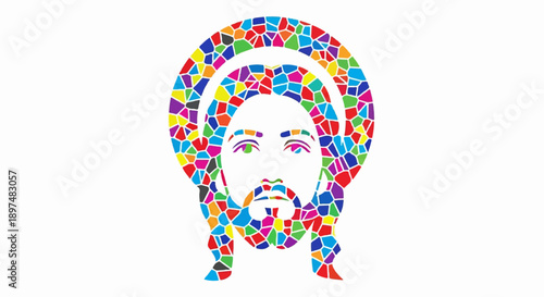 Vibrant mosaic depiction of a religious figure's face with a halo and flowing hair