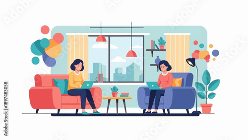 Two women work on laptops while relaxing in cozy chairs