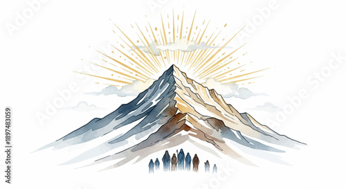 Watercolor painting of a majestic snow-capped mountain peak with golden sun rays