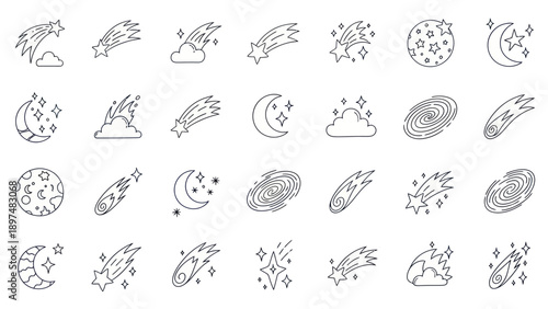 Cosmic Icons: Meteor Shower, Moon, Stars, Galaxy, Nebula - Vector Set