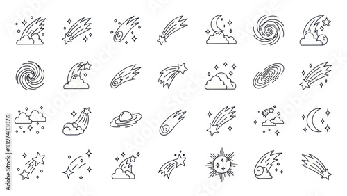 Cosmic Icons: Meteor Shower, Stars, Moon, Clouds, Galaxy, Swirls, Sun