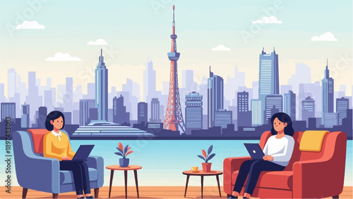 Two women work remotely on laptops in cozy armchairs with a cityscape