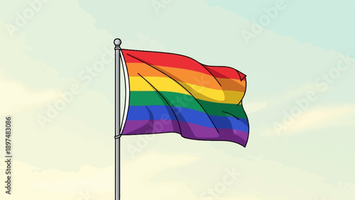 Waving rainbow flag on a pole against a light blue sky with clouds