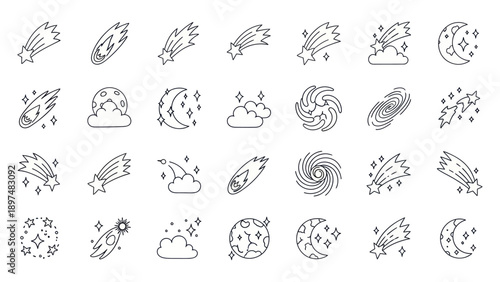 Cosmic Icons: Meteor Shower, Moon, Stars, Galaxies, and Clouds - Line Art Set