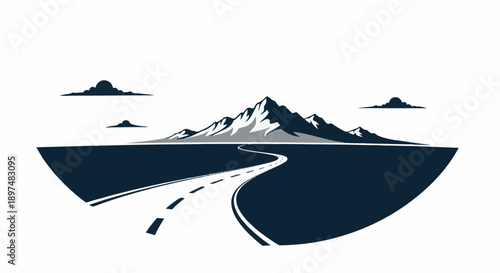 Winding road leads to majestic mountains under a cloudy sky