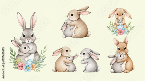 Watercolor bunnies in various loving embraces, surrounded by blooms