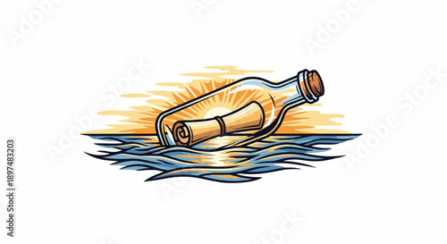 A message in a bottle floats on wavy ocean water with a bright sun behind it
