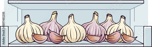 A row of garlic bulbs and cloves displayed on a shelf against a pale blue background