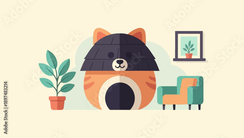 Whimsical cartoon cat-shaped home with armchair and plant