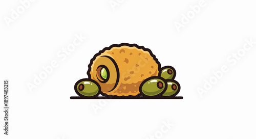 A playful cartoon depiction of a savory fried food with olives