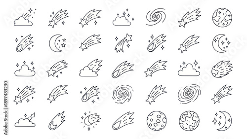 Cosmic Icons: Meteors, Stars, Clouds, Planets, Galaxies - Line Art Set