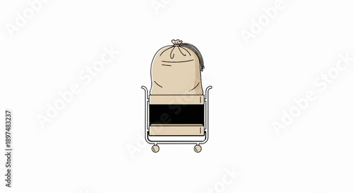 A beige sack is tied with a string and rests on a two-wheeled trolley with a black middle section