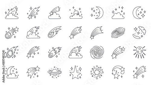 Cosmic Icons: Meteors, Stars, Moon, Clouds, Galaxy, UFO, Sun Line Art