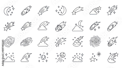 Cosmic Icons: Meteors, Stars, Moon, Galaxies and Planets - Line Art Set