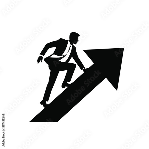 A man in a suit climbing an upward-pointing arrow symbolizing growth and success. isolated on white background, Vector, illustration