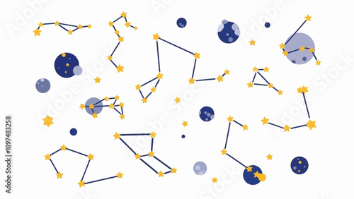 Whimsical cartoon constellations and planets against a white backdrop