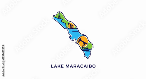 Stylized map of a lake with oil rigs, green shores, and suns