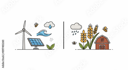 Two contrasting scenes renewable energy with wind and solar power versus traditional farming with a barn and wheat