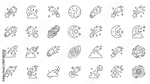 Cosmic Icons: Meteors, Stars, Moon, Planets, Galaxies - Line Art Set