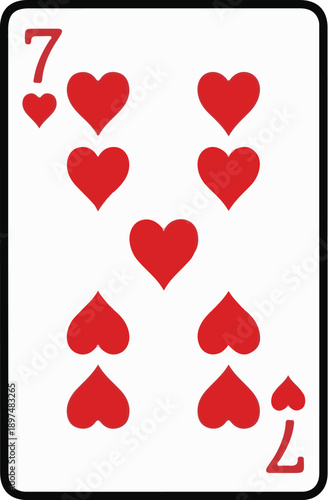 A playing card displays the number seven with seven red heart symbols