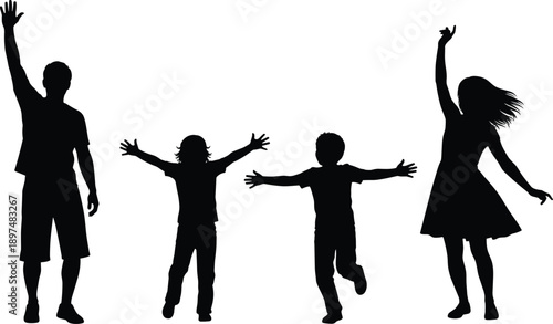 Happy Family Silhouette Set Featuring Father Mother and Two Children Cheering With Arms Raised Having Fun Together for Summer Concept (20 words)