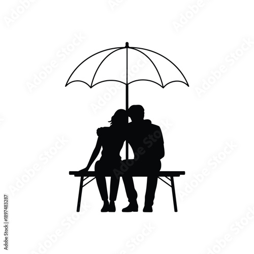Couple sharing a romantic moment under an umbrella on a bench isolated on white background, Vector, illustration