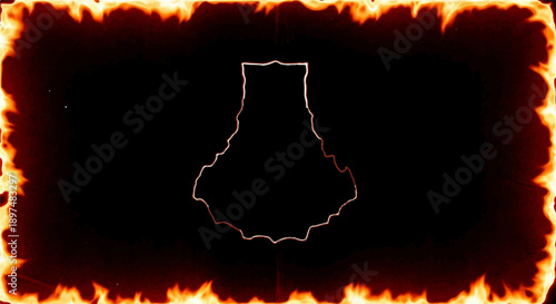 Abstract outline of a flask shape within a glowing fiery border on a black background