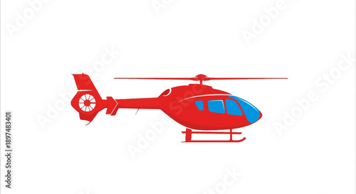 A bright red helicopter with blue windows and landing gear, viewed from the side