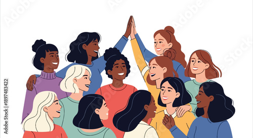 Diverse group of women, arms around each other, sharing smiles and a high-five