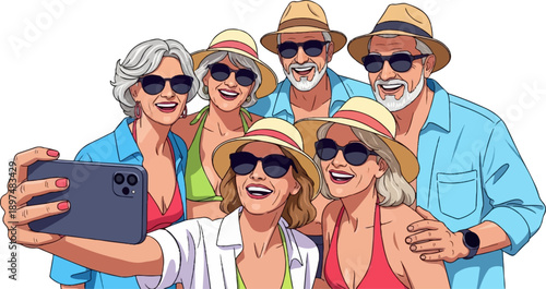 Diverse group of smiling seniors capturing a selfie on a bright, sunny day