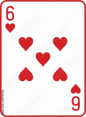 A playing card displaying the number six and six heart symbols