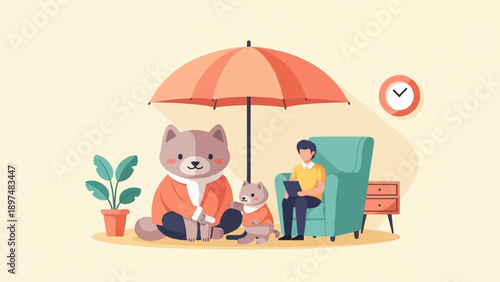 Whimsical illustration of animal family seeking shelter under an umbrella