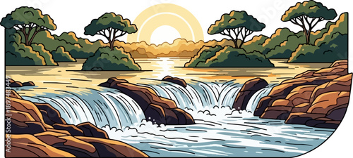 A pixelated cascade flows over rocks amidst trees and a setting sun