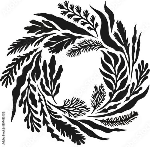 Black, organic shapes of seaweed form a circular, organic border against a white background